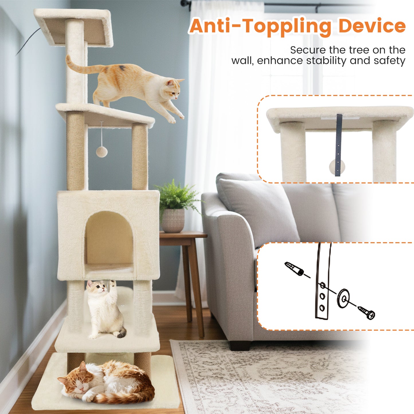 64 Inch Tall Cat Tree with 2 Large Condos and Jute Scratching Posts for Indoor Adult Cats, Beige Cat Trees Condos & Scratchers at Gallery Canada