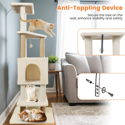 64 Inch Tall Cat Tree with 2 Large Condos and Jute Scratching Posts for Indoor Adult Cats, Beige Cat Trees Condos & Scratchers at Gallery Canada