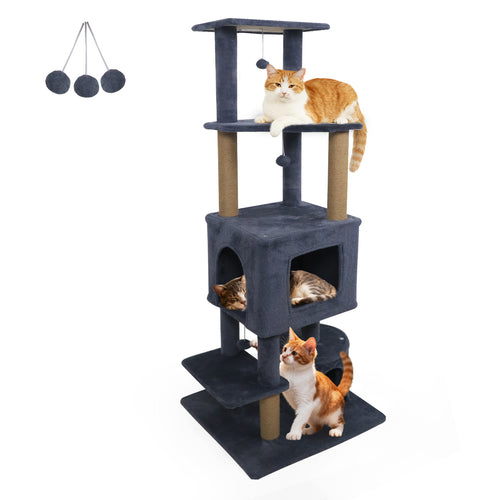 64 Inch Tall Cat Tree with 2 Large Condos and Jute Scratching Posts for Indoor Adult Cats-Dark Grey, Dark Gray