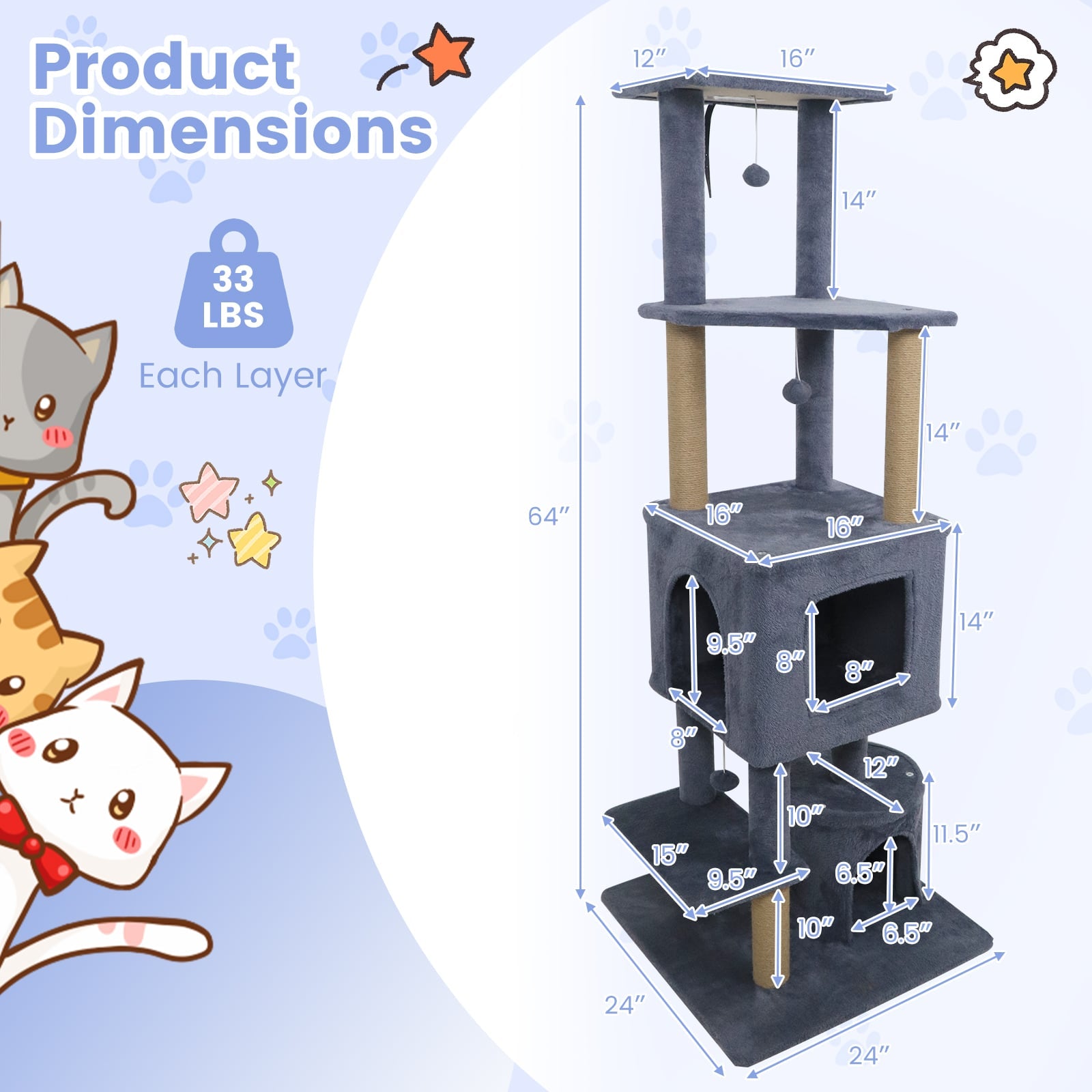 64 Inch Tall Cat Tree with 2 Large Condos and Jute Scratching Posts for Indoor Adult Cats-Dark Grey, Dark Gray Cat Trees Condos & Scratchers at Gallery Canada