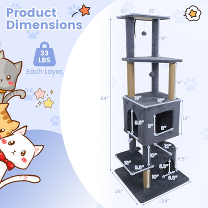 64 Inch Tall Cat Tree with 2 Large Condos and Jute Scratching Posts for Indoor Adult Cats-Dark Grey, Dark Gray Cat Trees Condos & Scratchers at Gallery Canada