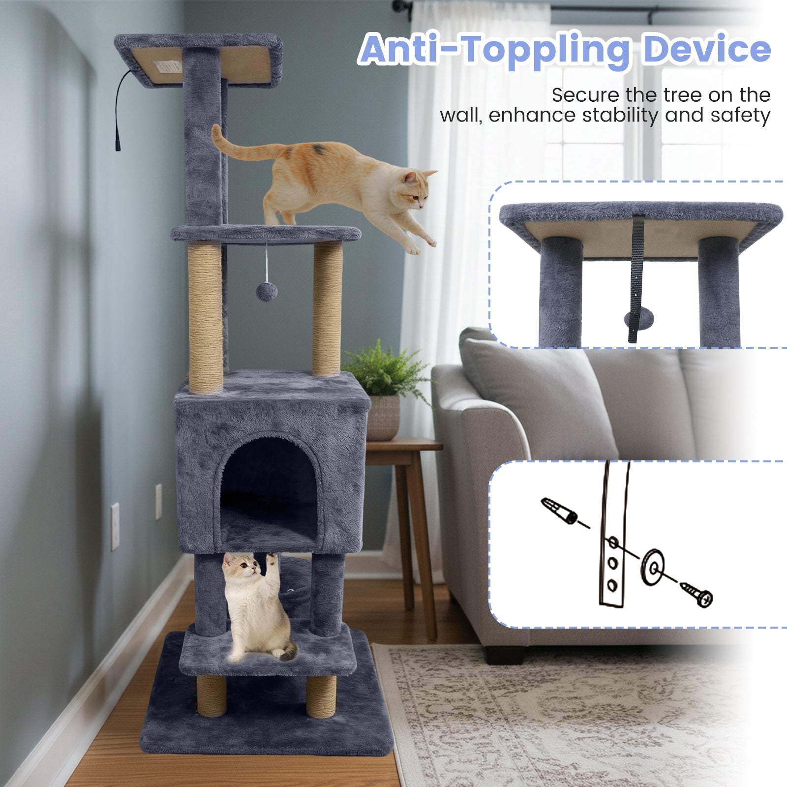 64 Inch Tall Cat Tree with 2 Large Condos and Jute Scratching Posts for Indoor Adult Cats-Dark Grey, Dark Gray Cat Trees Condos & Scratchers at Gallery Canada