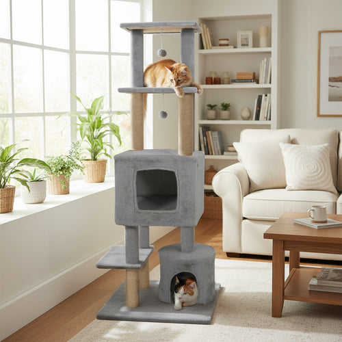 64 Inch Tall Cat Tree with 2 Large Condos and Jute Scratching Posts for Indoor Adult Cats-Light Grey, Light Gray