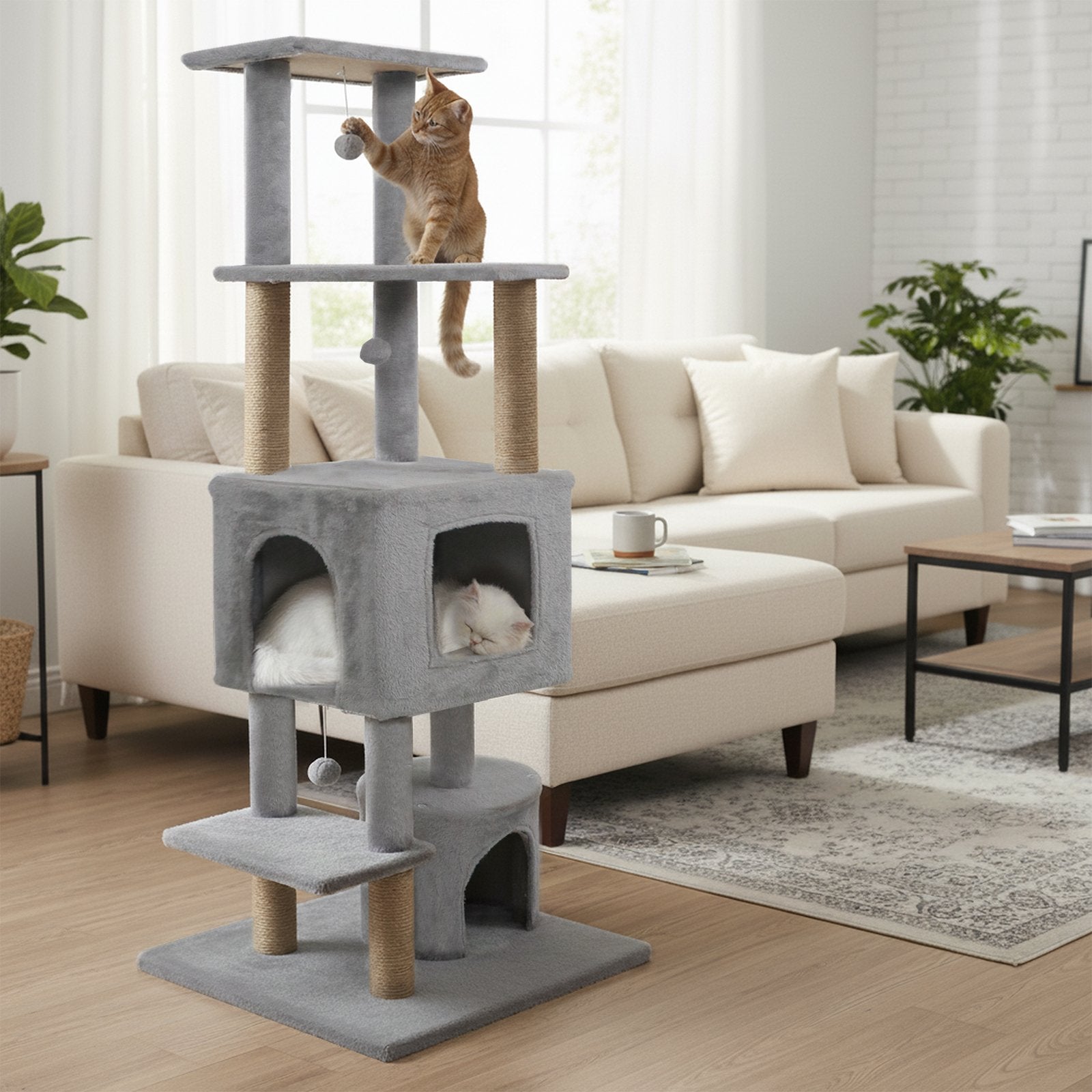 64 Inch Tall Cat Tree with 2 Large Condos and Jute Scratching Posts for Indoor Adult Cats-Light Grey, Light Gray Cat Trees Condos & Scratchers at Gallery Canada