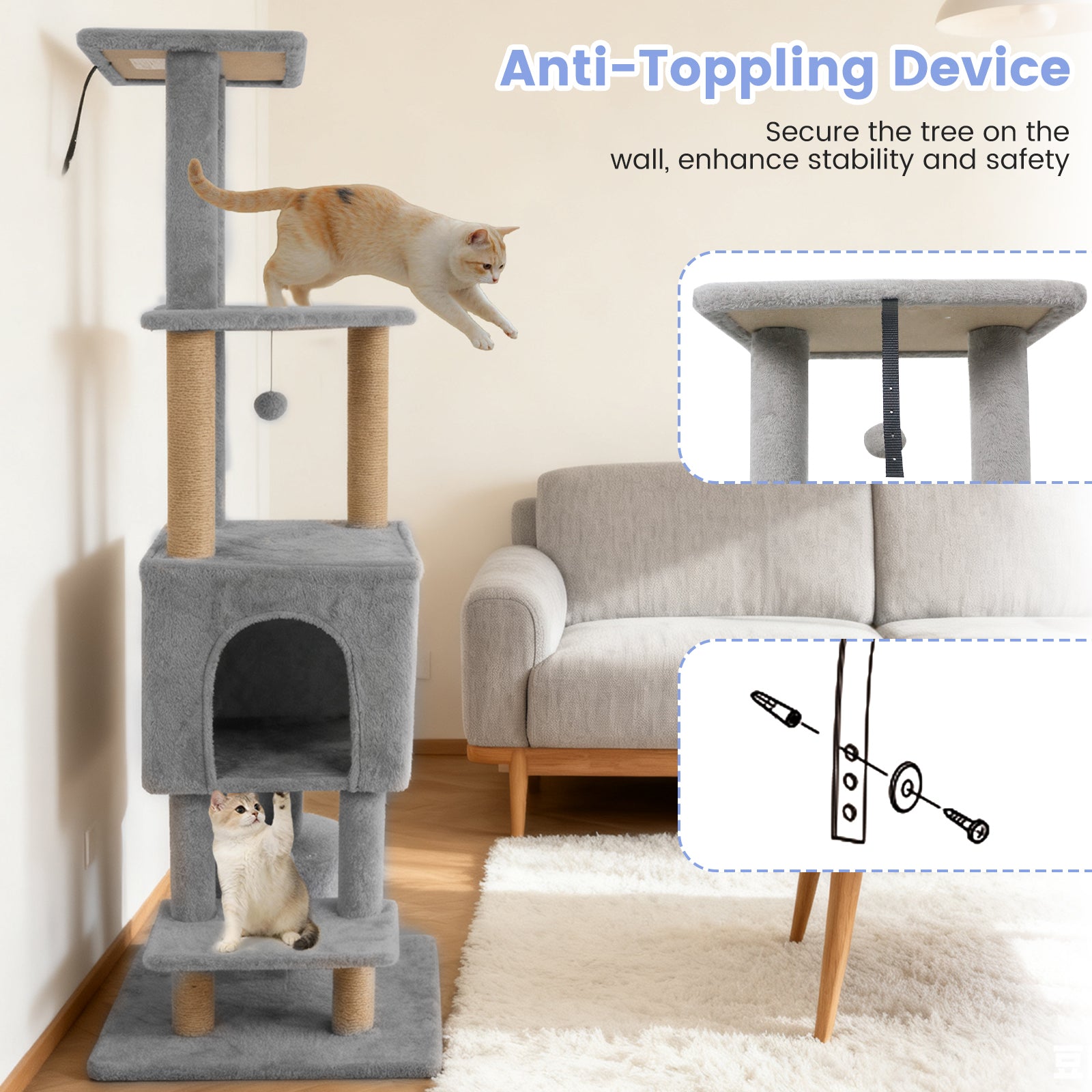 64 Inch Tall Cat Tree with 2 Large Condos and Jute Scratching Posts for Indoor Adult Cats-Light Grey, Light Gray Cat Trees Condos & Scratchers at Gallery Canada