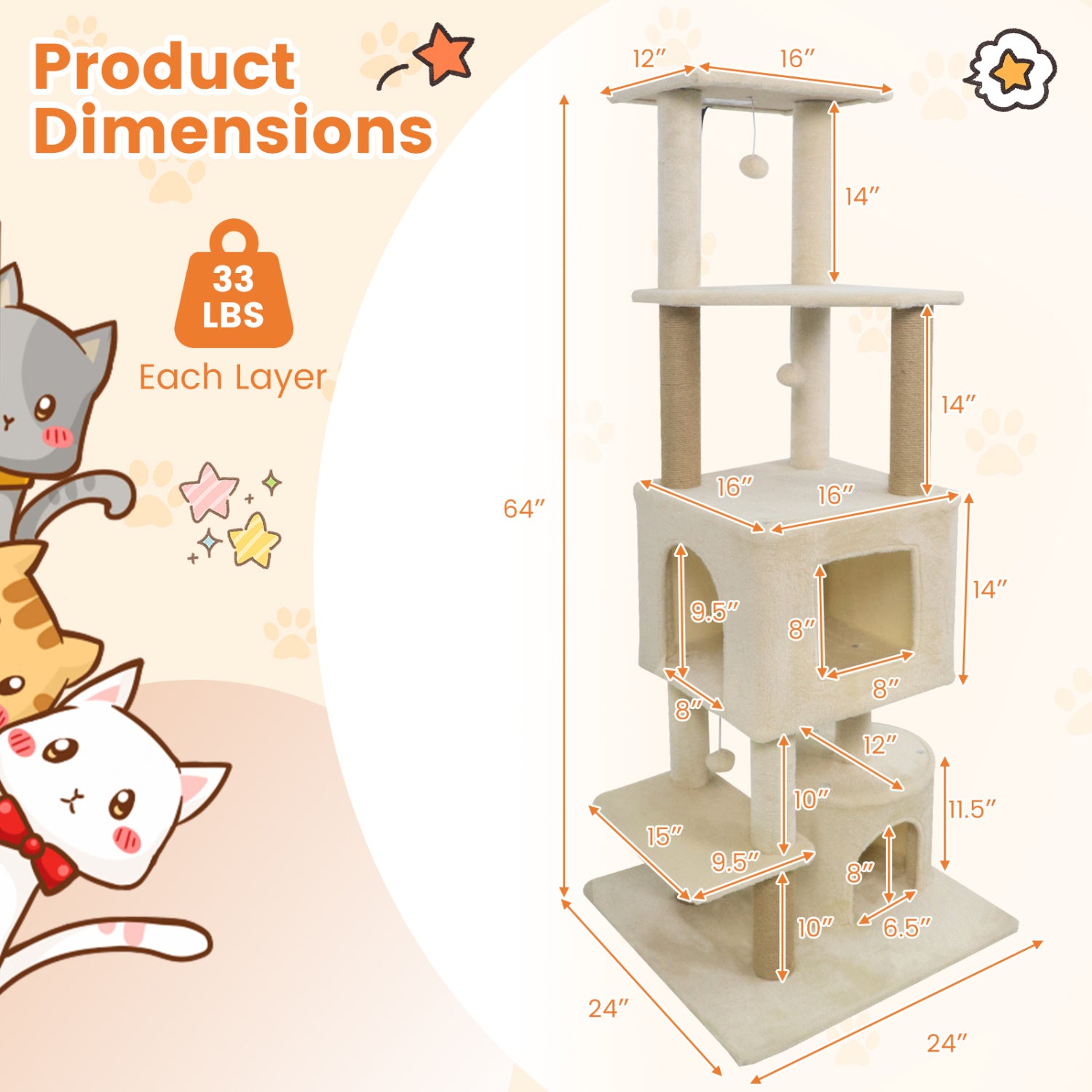 64 Inch Tall Cat Tree with 2 Large Condos and Jute Scratching Posts for Indoor Adult Cats, Beige Cat Trees Condos & Scratchers at Gallery Canada