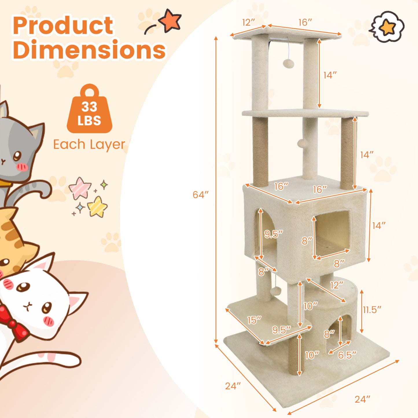 64 Inch Tall Cat Tree with 2 Large Condos and Jute Scratching Posts for Indoor Adult Cats, Beige Cat Trees Condos & Scratchers at Gallery Canada