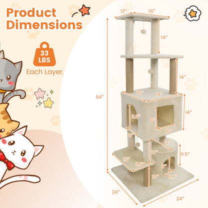 64 Inch Tall Cat Tree with 2 Large Condos and Jute Scratching Posts for Indoor Adult Cats, Beige Cat Trees Condos & Scratchers at Gallery Canada