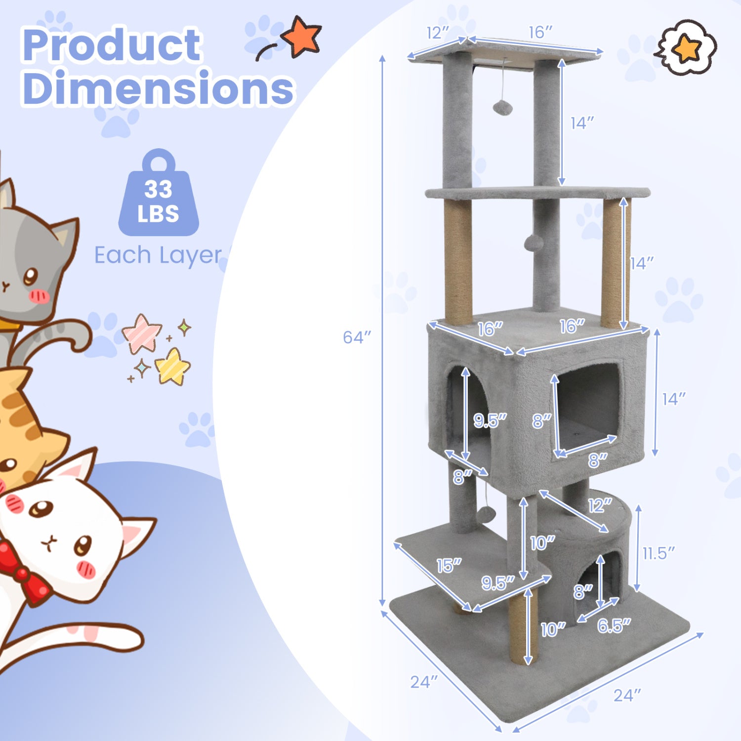 64 Inch Tall Cat Tree with 2 Large Condos and Jute Scratching Posts for Indoor Adult Cats-Light Grey, Light Gray Cat Trees Condos & Scratchers at Gallery Canada