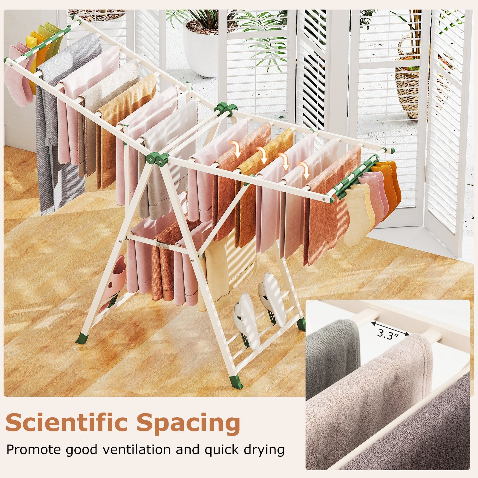 64 Inches Clothes Drying Rack with Height Adjustable Wings, Beige Drying Racks at Gallery Canada