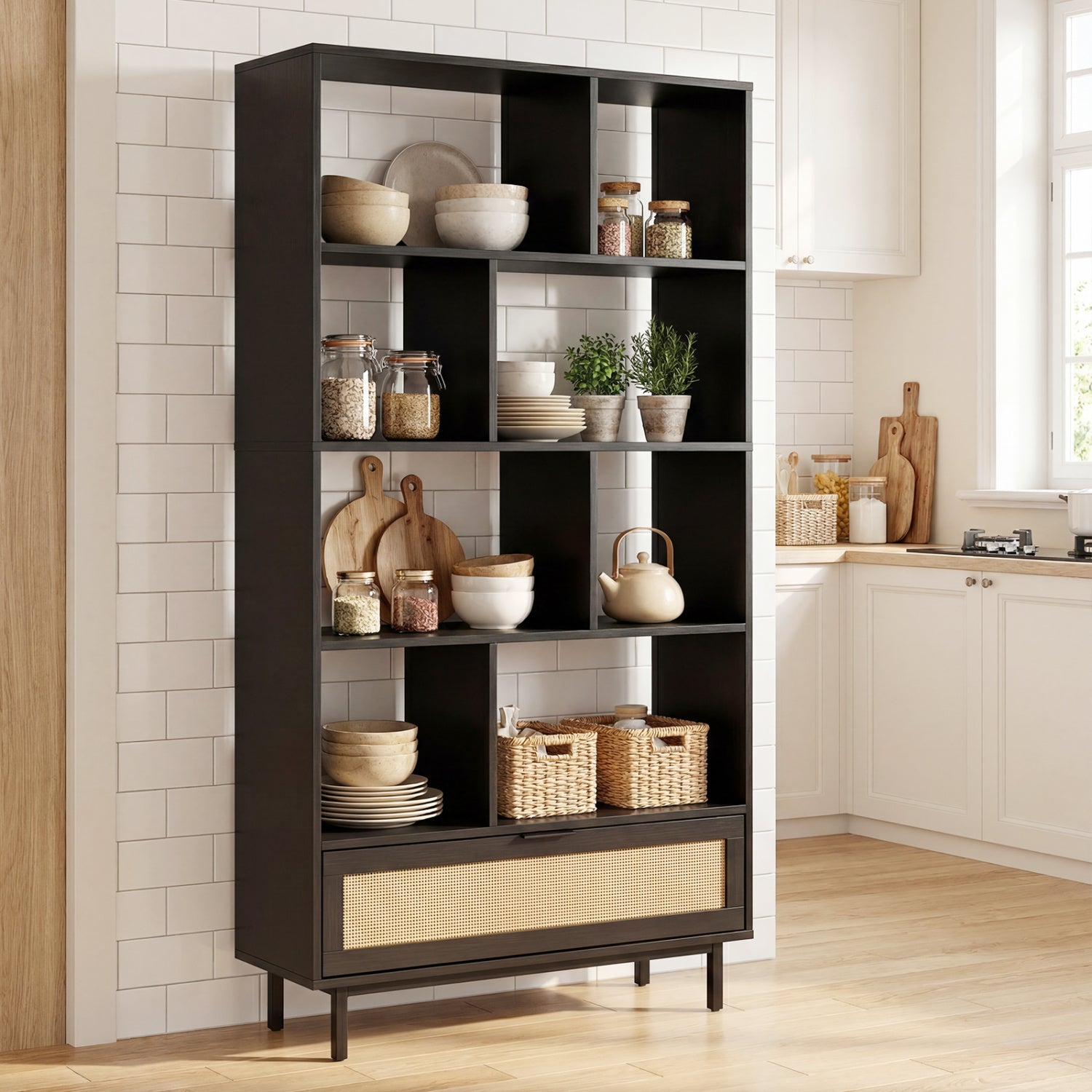 64 inch 6-Tier Tall Wooden Bookcase with 8 Open Cubes, Black Bookcases at Gallery Canada
