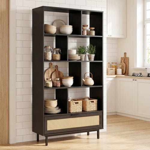 64 inch 6-Tier Tall Wooden Bookcase with 8 Open Cubes, Black