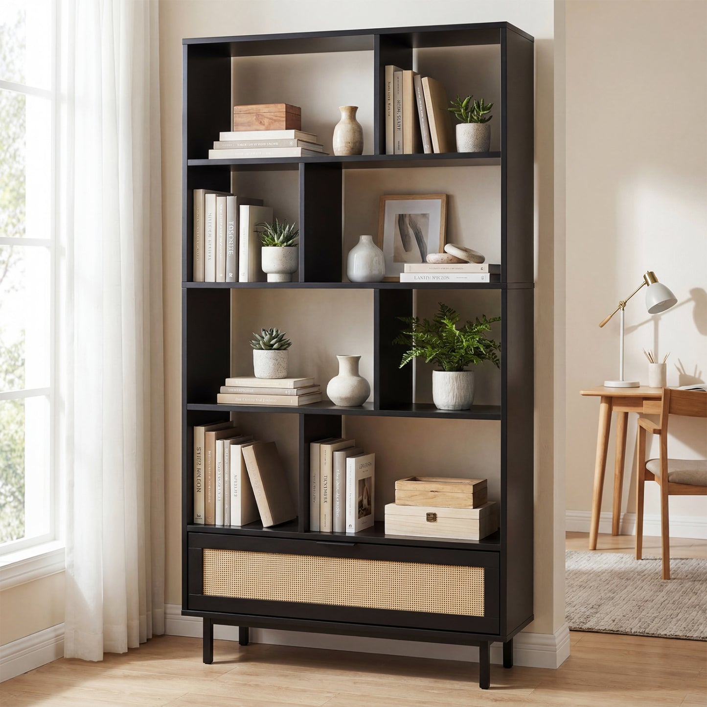 64 inch 6-Tier Tall Wooden Bookcase with 8 Open Cubes, Black Bookcases at Gallery Canada