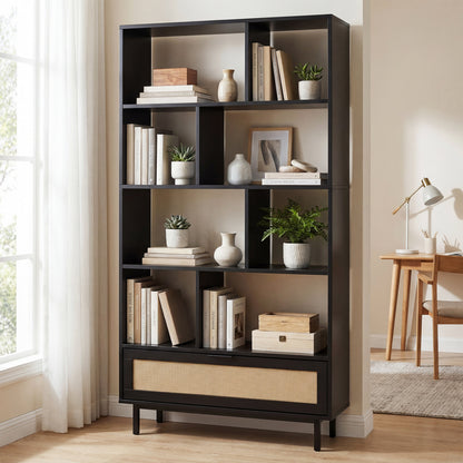64 inch 6-Tier Tall Wooden Bookcase with 8 Open Cubes, Black Bookcases at Gallery Canada