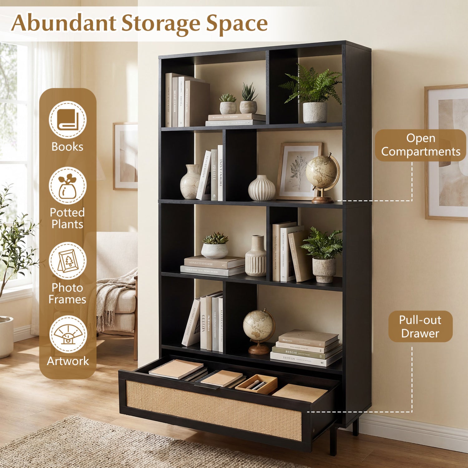 64 inch 6-Tier Tall Wooden Bookcase with 8 Open Cubes, Black Bookcases at Gallery Canada