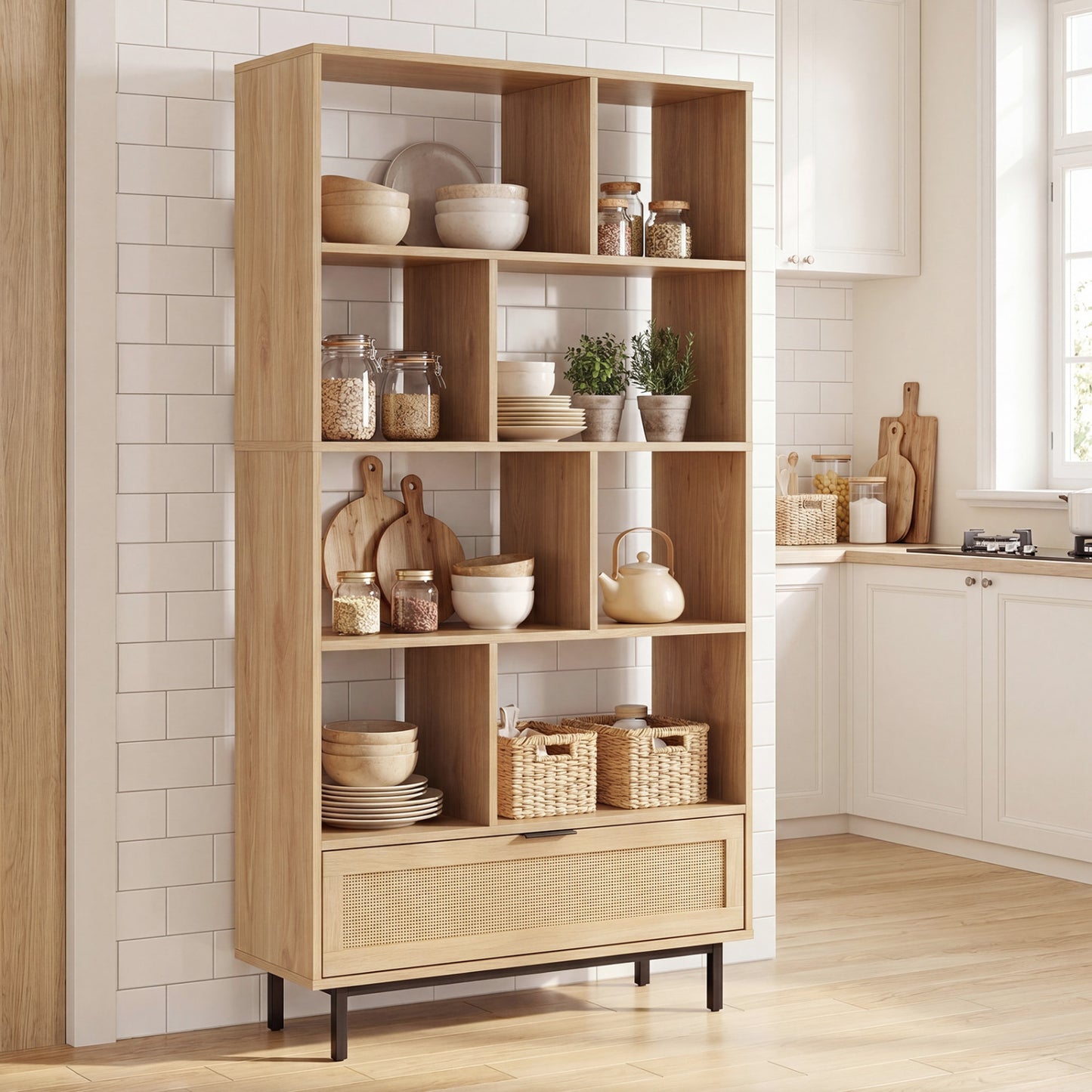 64 inch 6-Tier Tall Wooden Bookcase with 8 Open Cubes, Natural Bookcases at Gallery Canada
