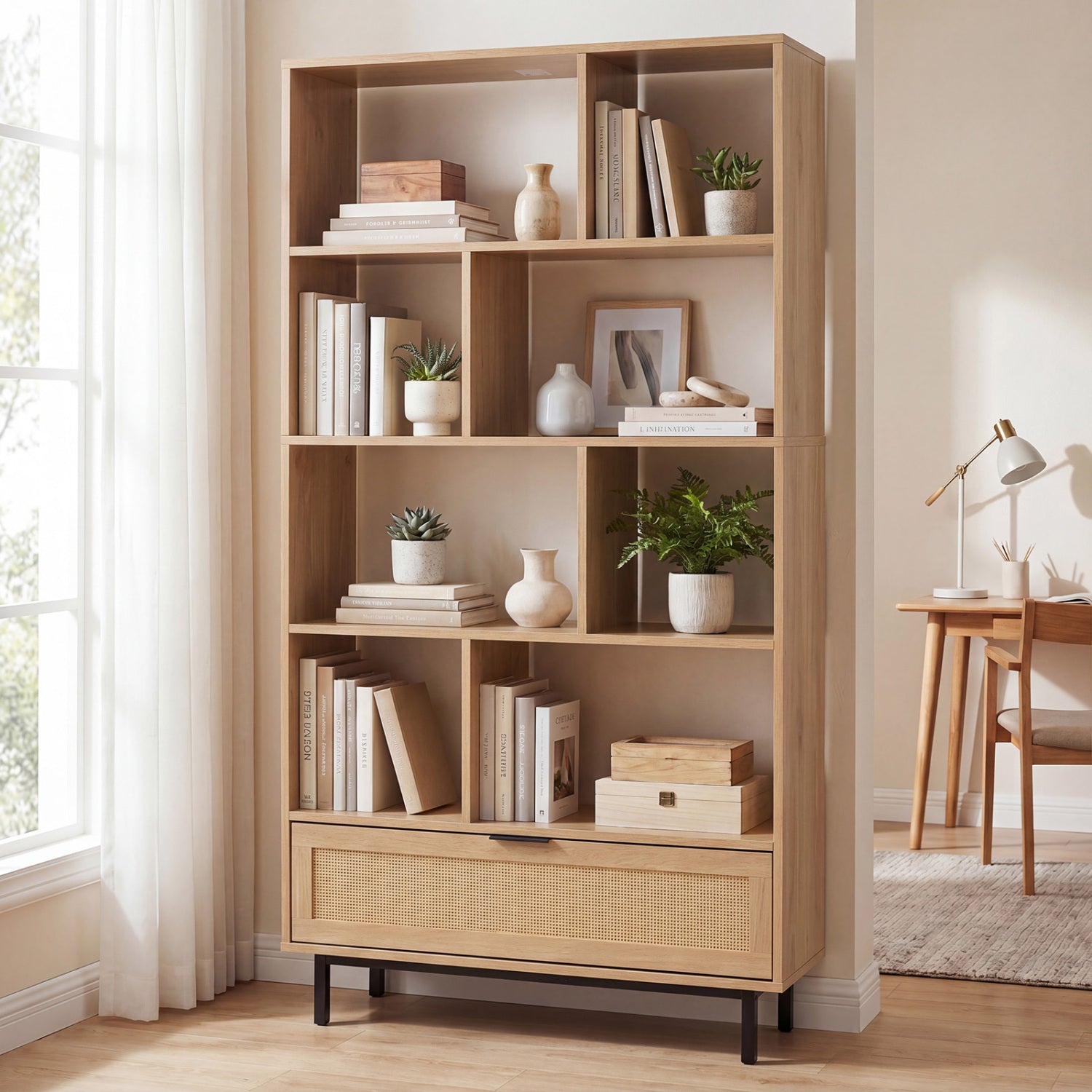 64 inch 6-Tier Tall Wooden Bookcase with 8 Open Cubes, Natural Bookcases at Gallery Canada