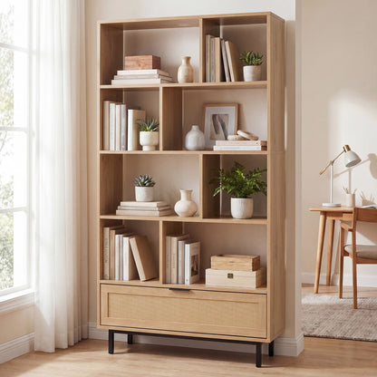 64 inch 6-Tier Tall Wooden Bookcase with 8 Open Cubes, Natural Bookcases at Gallery Canada