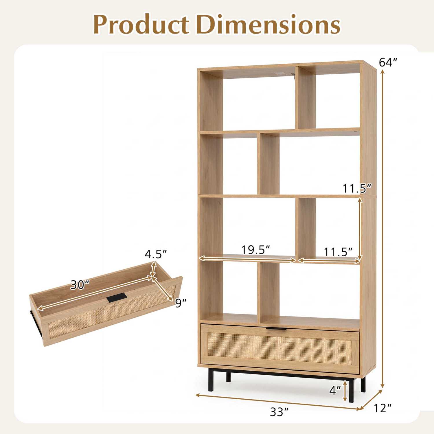 64 inch 6-Tier Tall Wooden Bookcase with 8 Open Cubes, Natural Bookcases at Gallery Canada