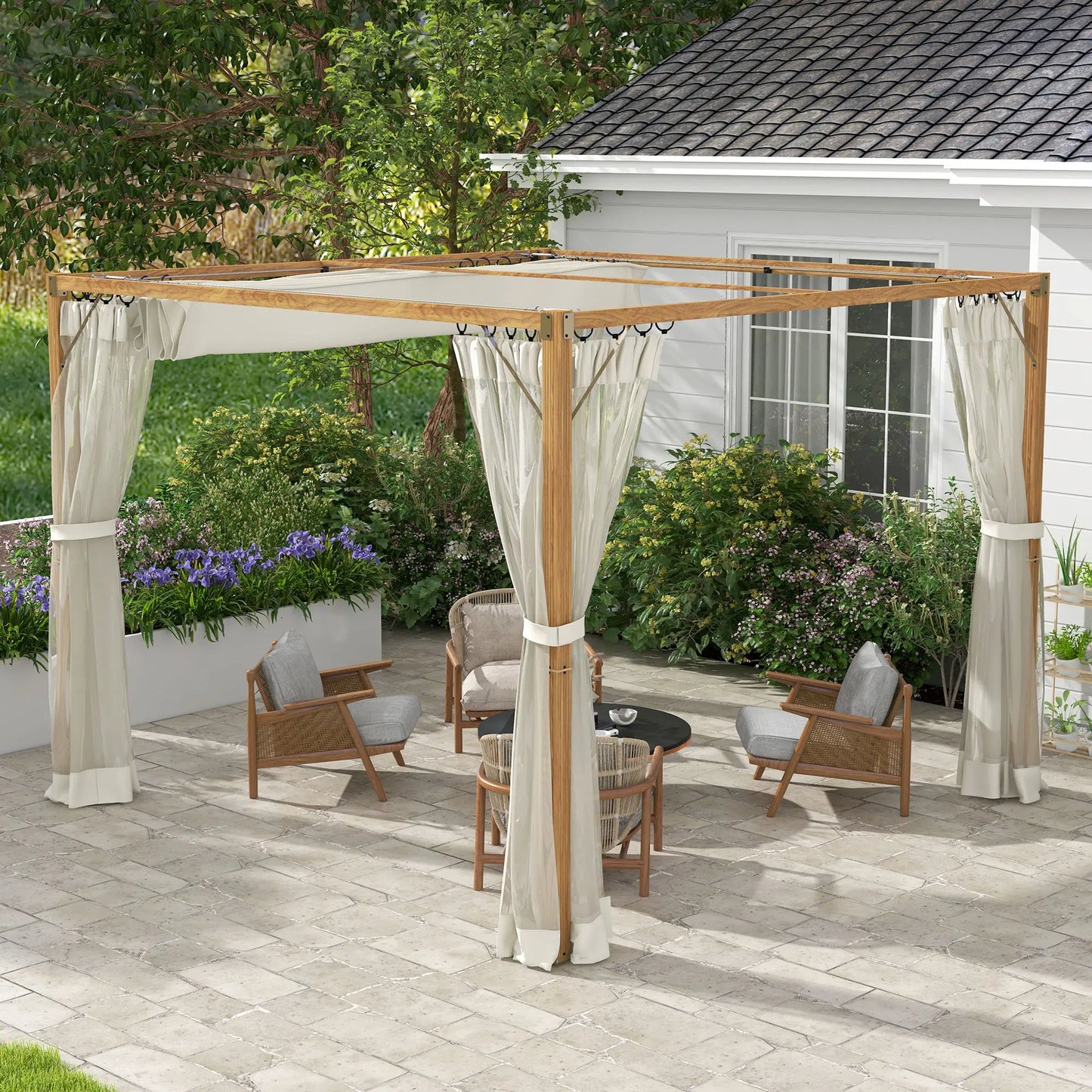 10 x 10 ft Retractable Pergola, Garden Gazebo with Netting, Natural Pergolas at Gallery Canada