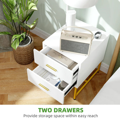 2 Nightstands with Storage, Modern Bedside Tables, 2 Fluted Drawers, Gold Legs, White Bedside Tables at Gallery Canada