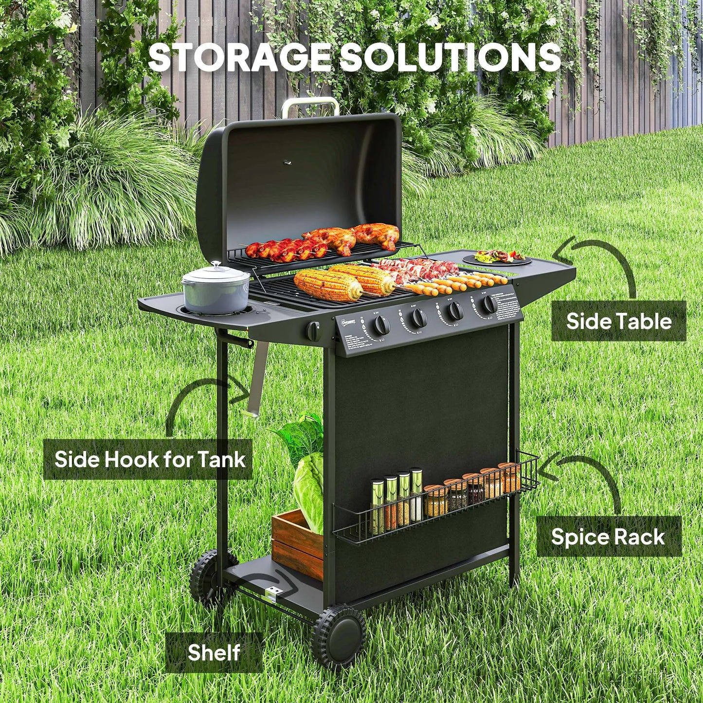 4+1 Burner Propane Gas BBQ Grill, Portable With Side Burner, Thermometer, Black Propane Gas Grills at Gallery Canada