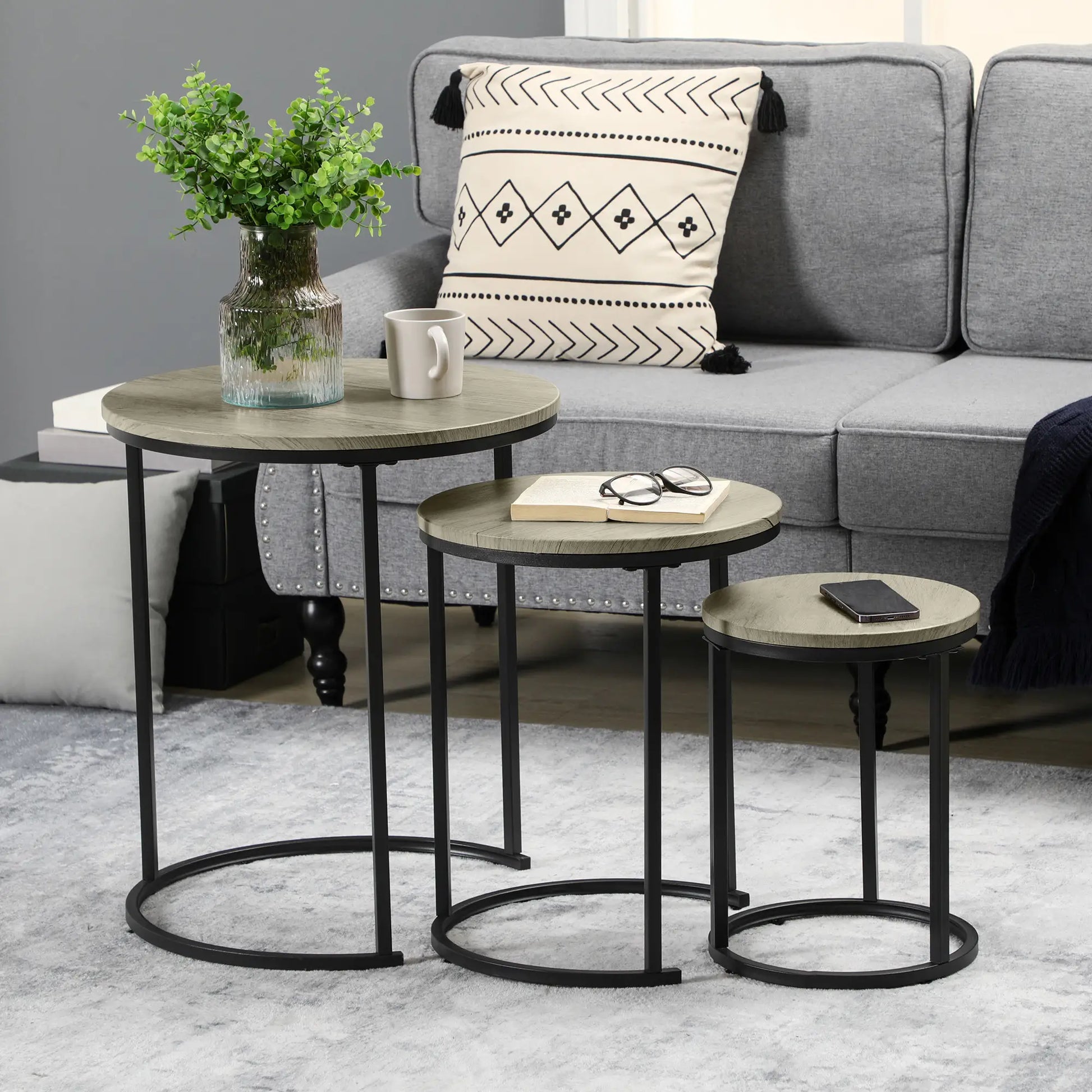 Round Nesting Tables Set of 3, Steel Frame, Living Room Side Tables at Gallery Canada