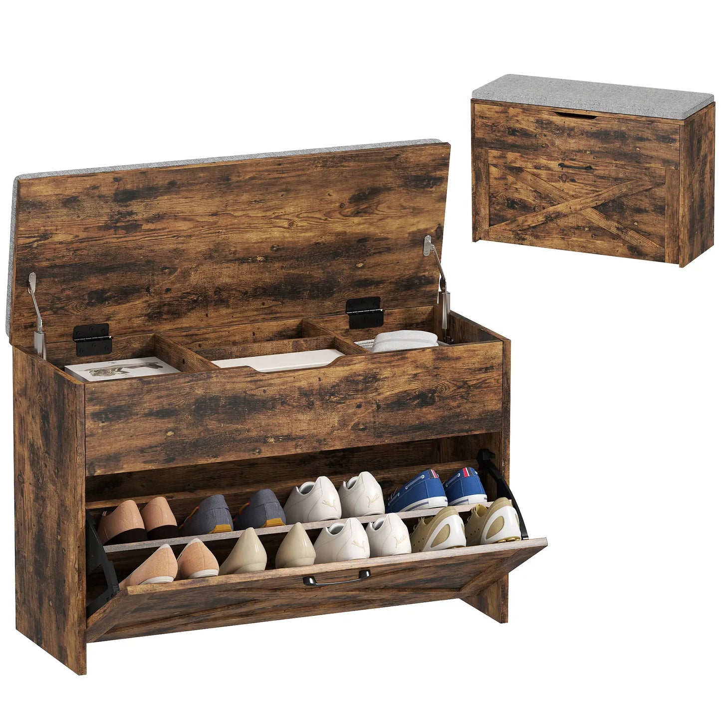 Shoe Storage Bench with Flip Drawer, Lift Top, Seat Cushion, Rustic Brown Shoe Storage Cabinets & Racks at Gallery Canada