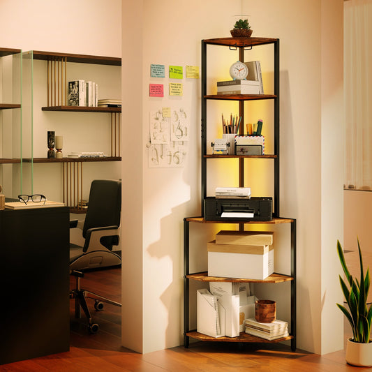 65-Inch 6-Tier Corner Shelf With Charging Station & Ambience Light Bookcases Black + Rustic Brown/White + Natural at Gallery Canada