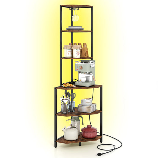 65-Inch 6-Tier Corner Shelf With Charging Station & Ambience Light Bookcases Black + Rustic Brown/White + Natural at Gallery Canada