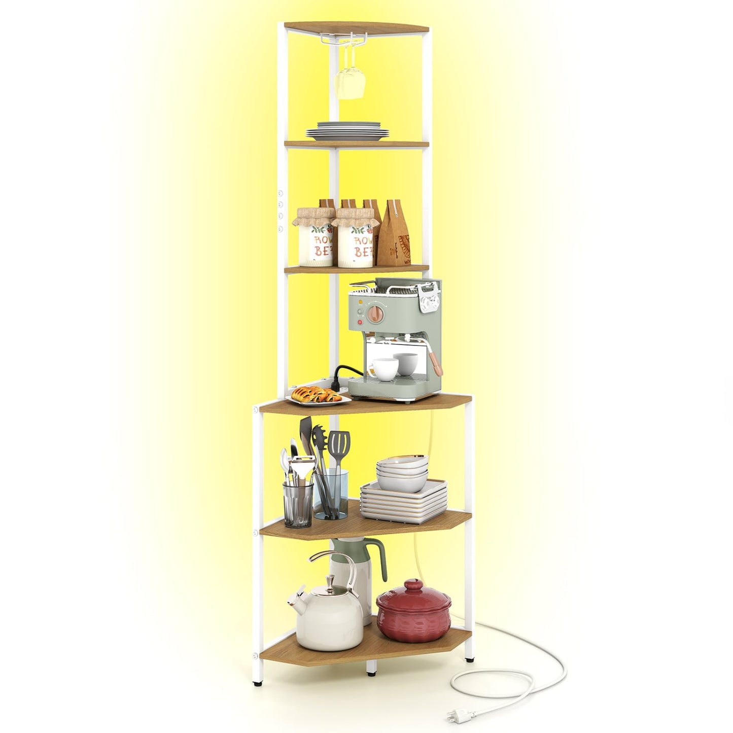 65 Inch 6-Tier Corner Shelf with Charging Station Bookcases Natural & White at Gallery Canada