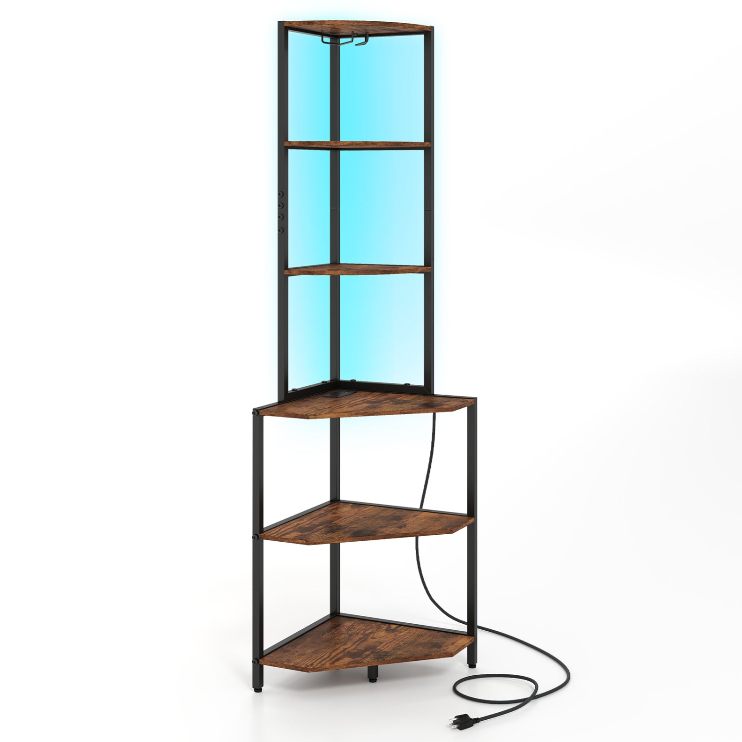 65-Inch 6-Tier Corner Shelf With Charging Station & Ambience Light Bookcases Black + Rustic Brown/White + Natural at Gallery Canada