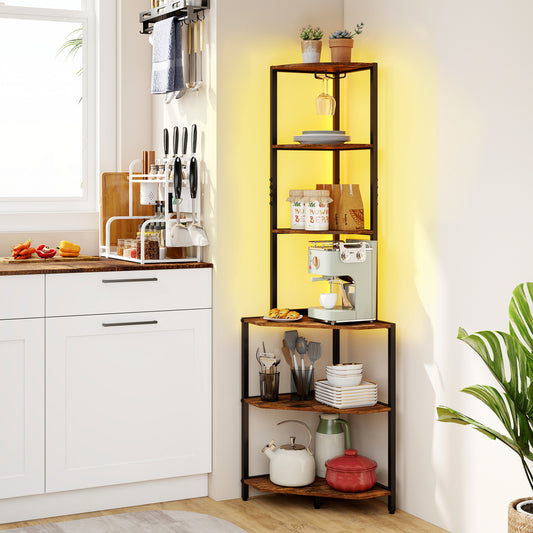 65-Inch 6-Tier Corner Shelf With Charging Station & Ambience Light Bookcases Black + Rustic Brown/White + Natural at Gallery Canada