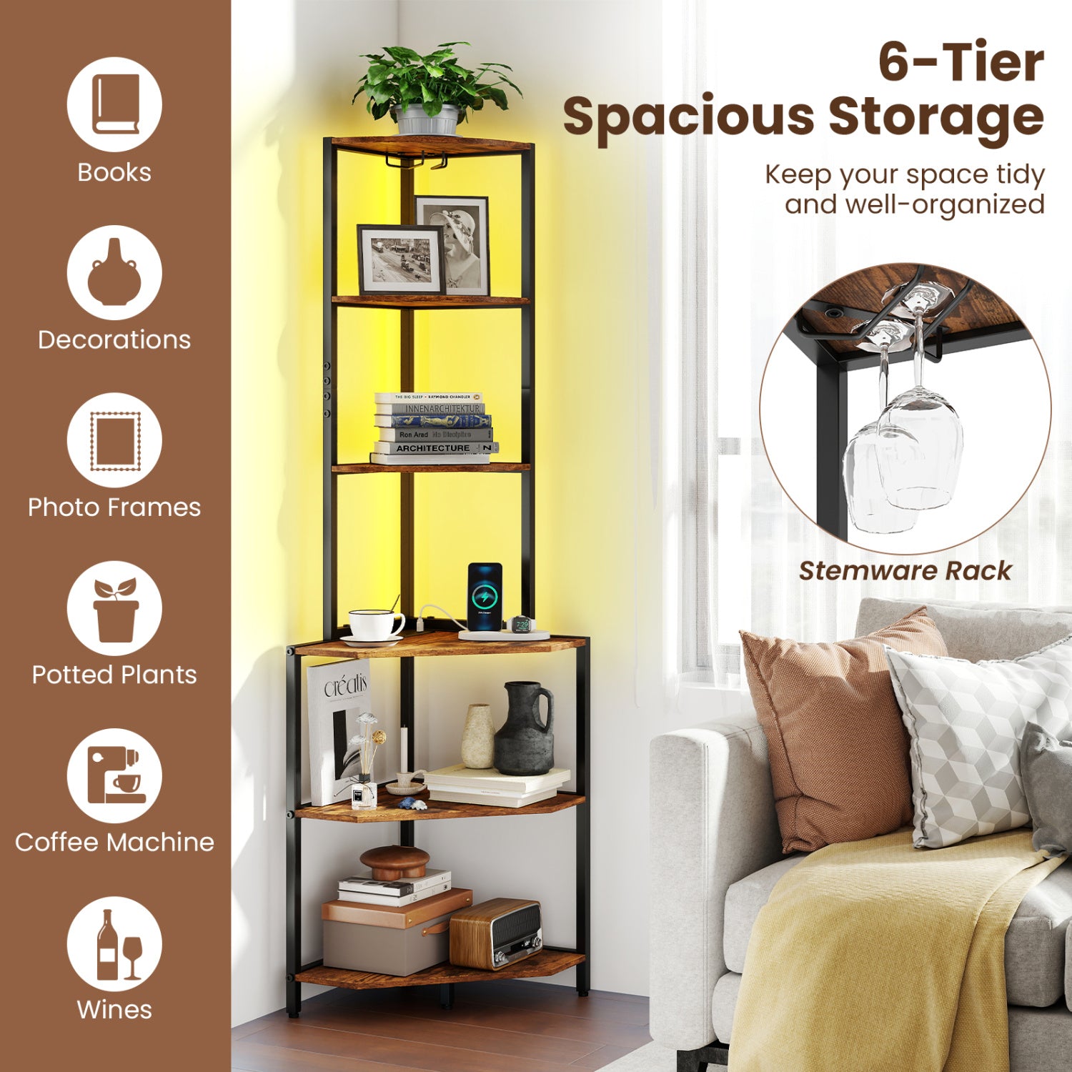 65-Inch 6-Tier Corner Shelf With Charging Station & Ambience Light Bookcases at Gallery Canada