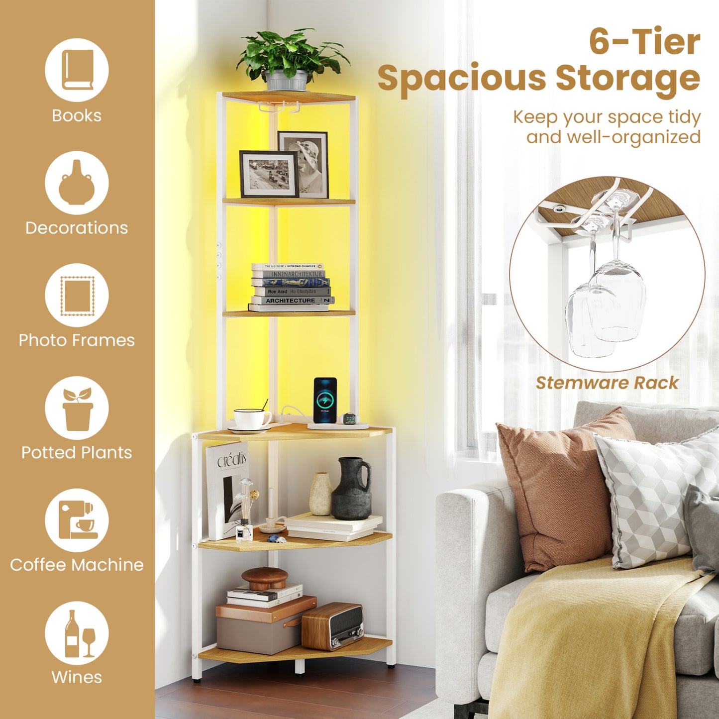 65 Inch 6-Tier Corner Shelf with Charging Station Bookcases at Gallery Canada