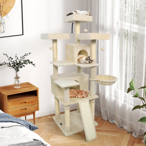 65 Inch Tall Multi-level Cat Tree with 3 Upholstered Perch and 2 Cat Condos, Beige