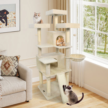 65 Inch Tall Multi-level Cat Tree with 3 Upholstered Perch and 2 Cat Condos, Beige Cat Trees Condos & Scratchers at Gallery Canada