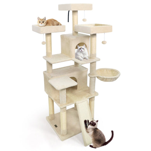 65 Inch Tall Multi-level Cat Tree with 3 Upholstered Perch and 2 Cat Condos, Beige