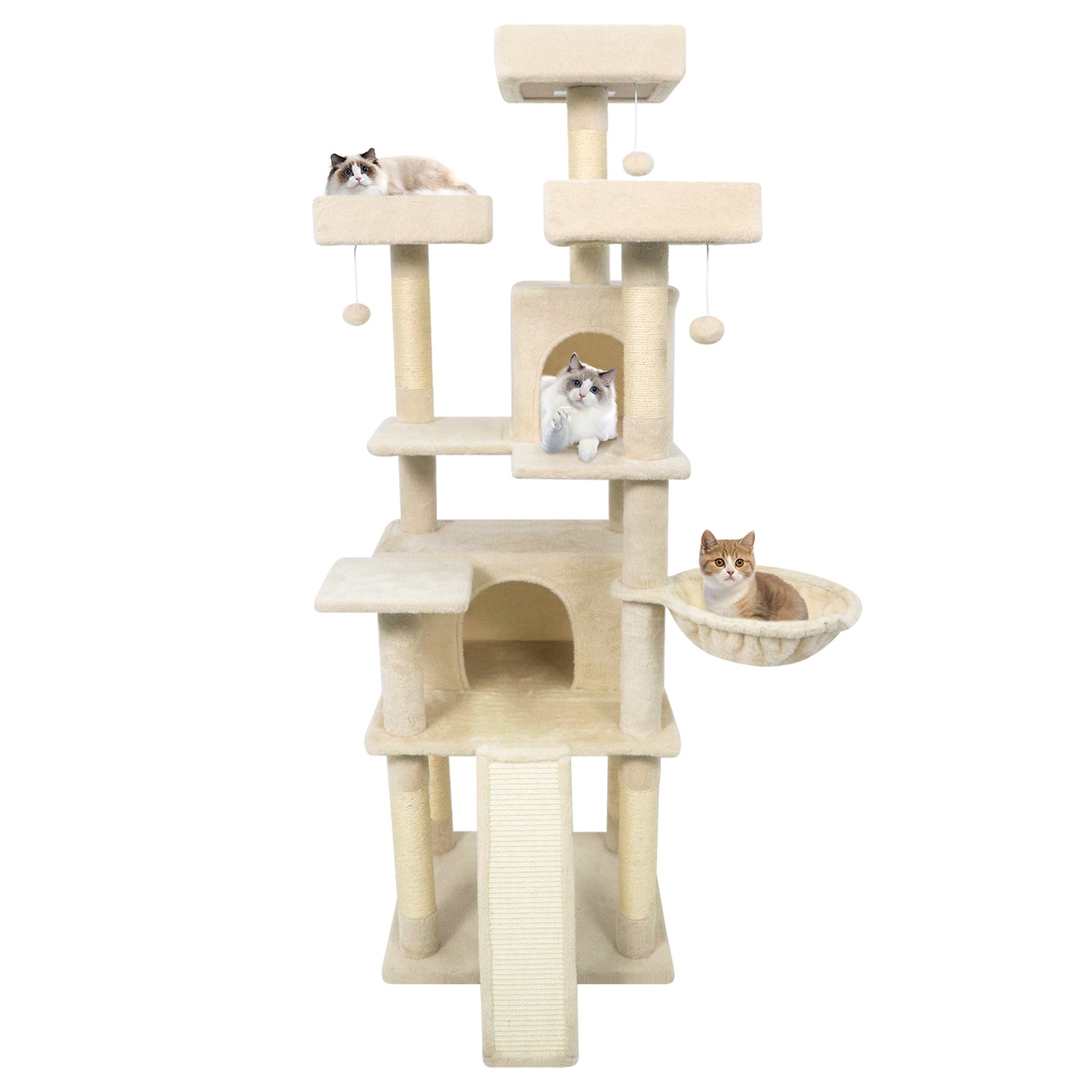 65 Inch Tall Multi-level Cat Tree with 3 Upholstered Perch and 2 Cat Condos, Beige Cat Trees Condos & Scratchers at Gallery Canada
