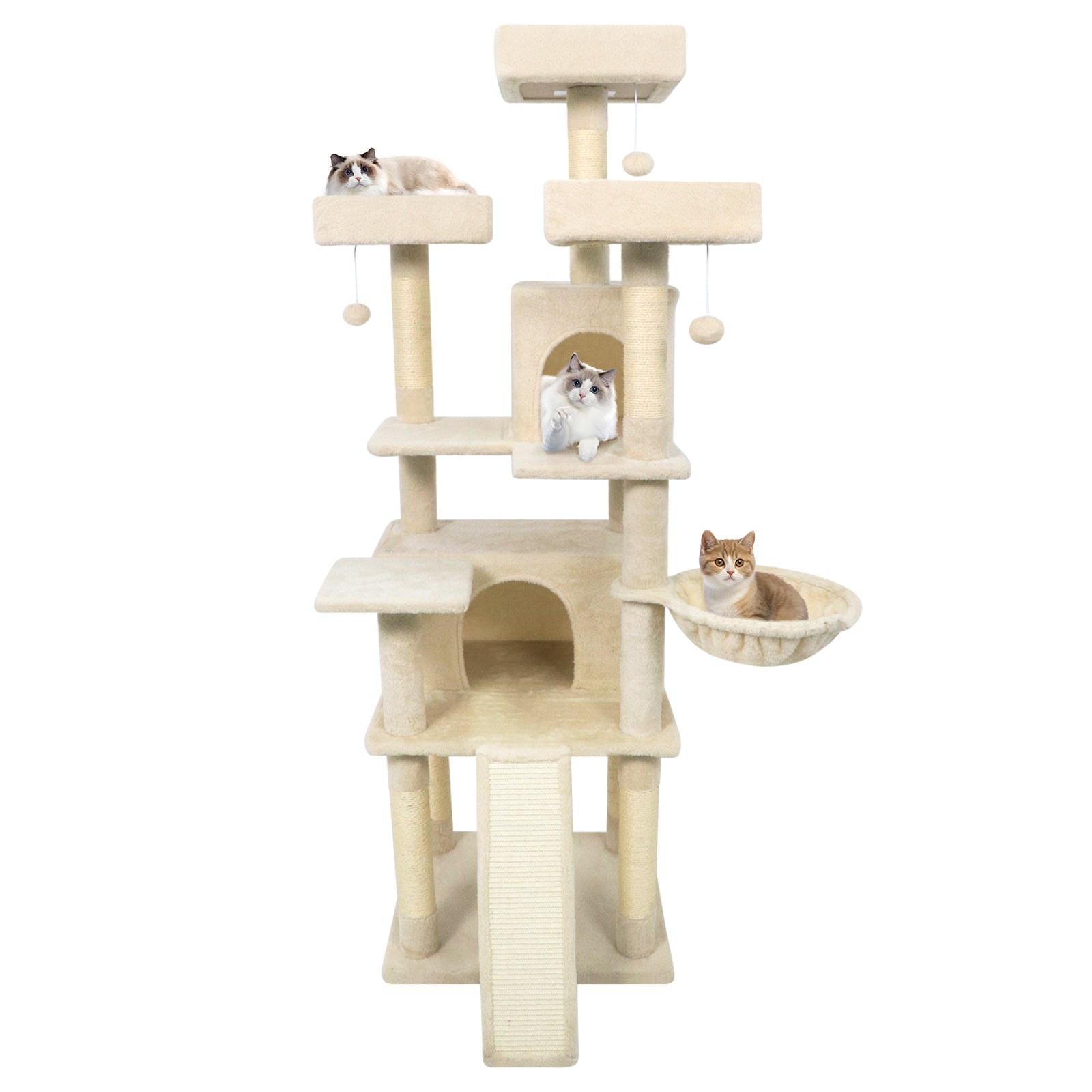 65 Inch Tall Multi-level Cat Tree with 3 Upholstered Perch and 2 Cat Condos, Beige Cat Trees Condos & Scratchers at Gallery Canada