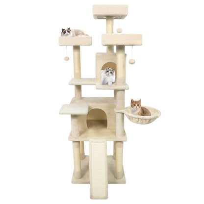 65 Inch Tall Multi-level Cat Tree with 3 Upholstered Perch and 2 Cat Condos, Beige Cat Trees Condos & Scratchers at Gallery Canada