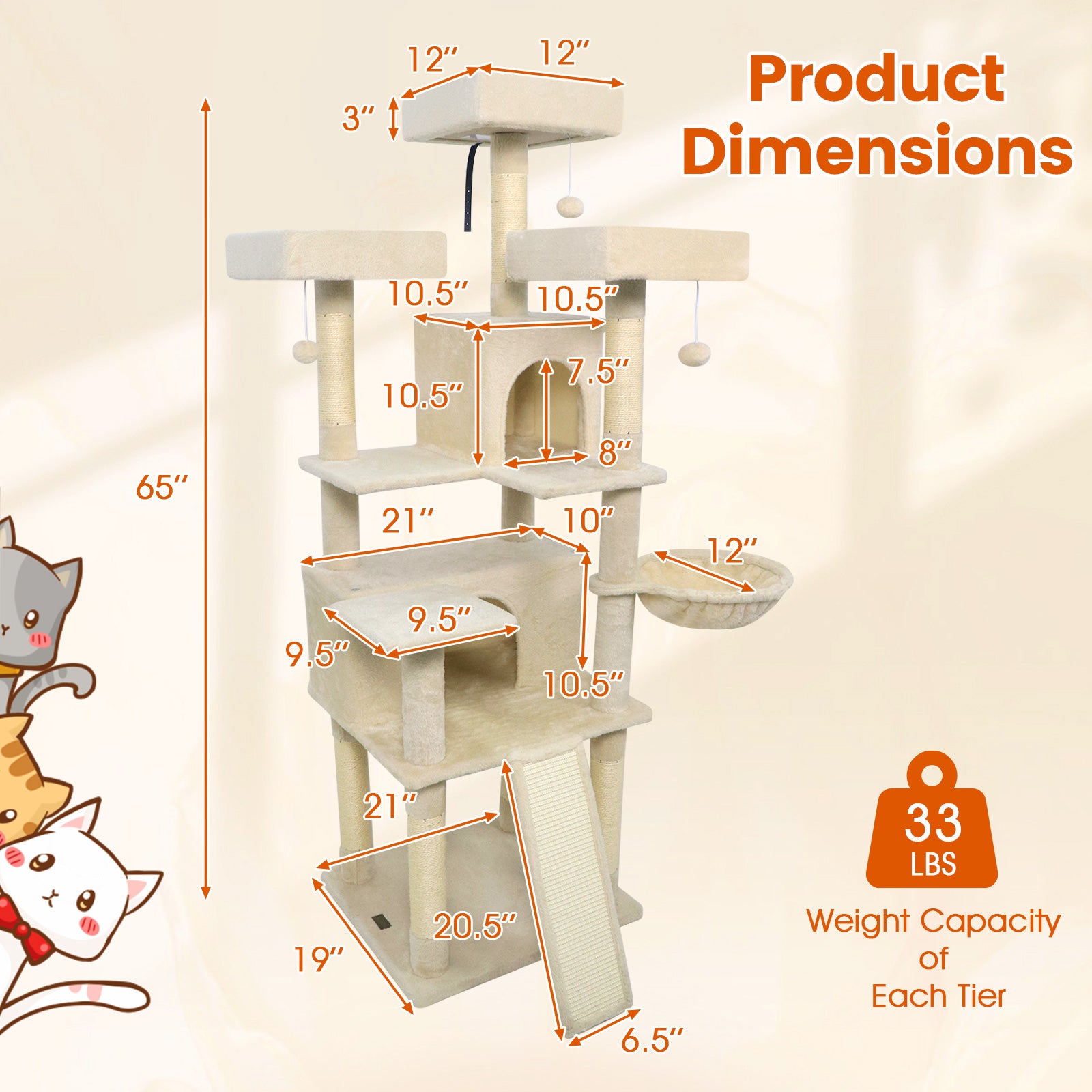 65 Inch Tall Multi-level Cat Tree with 3 Upholstered Perch and 2 Cat Condos, Beige Cat Trees Condos & Scratchers at Gallery Canada