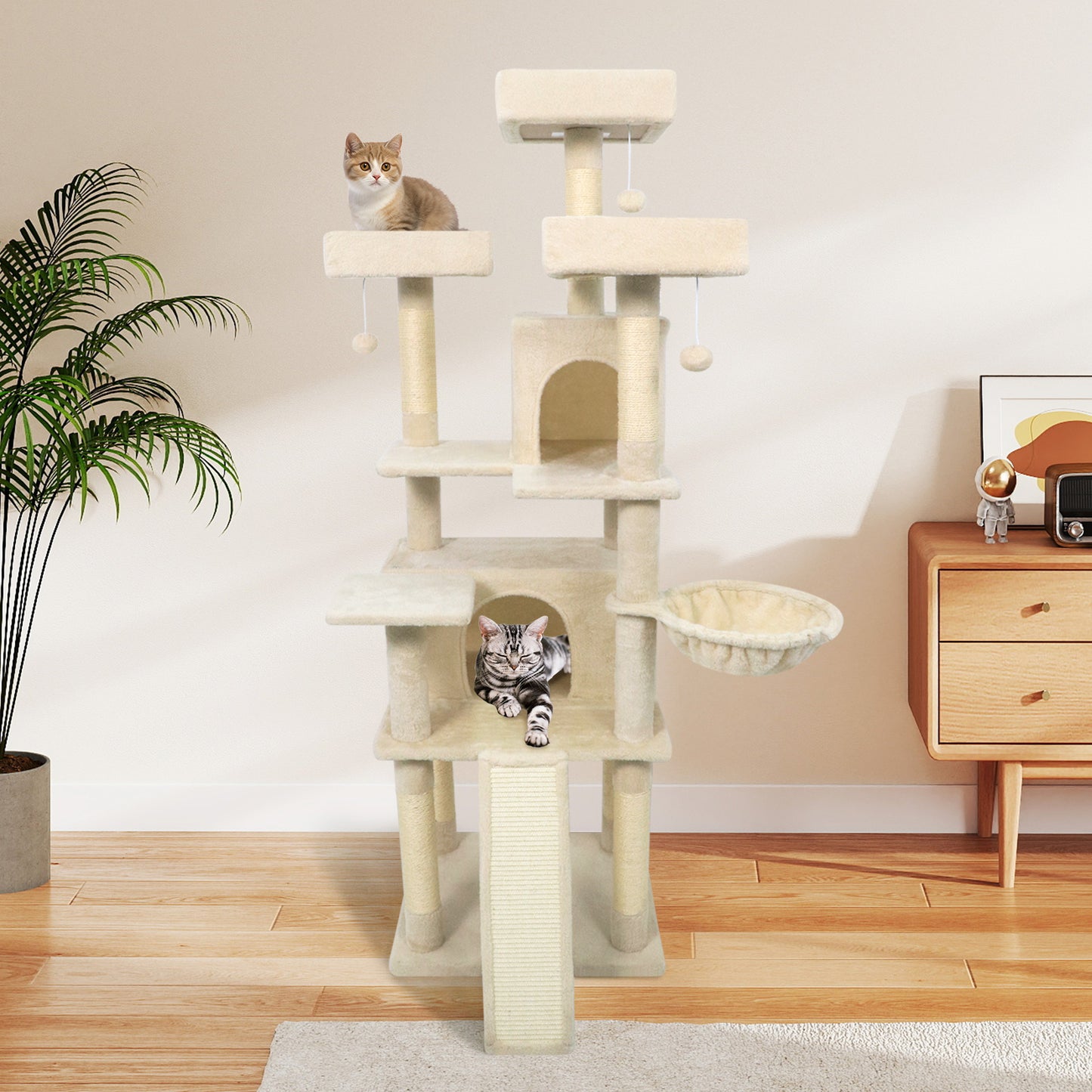 65 Inch Tall Multi-level Cat Tree with 3 Upholstered Perch and 2 Cat Condos, Beige Cat Trees Condos & Scratchers at Gallery Canada