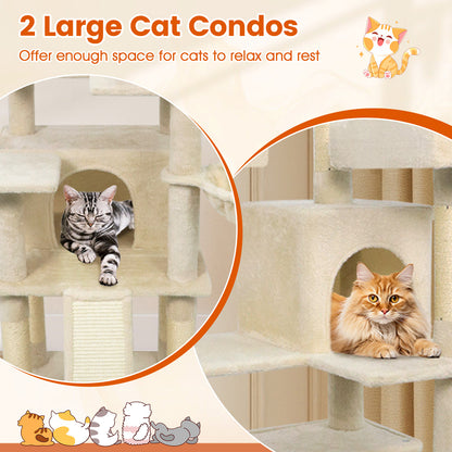 65 Inch Tall Multi-level Cat Tree with 3 Upholstered Perch and 2 Cat Condos, Beige Cat Trees Condos & Scratchers at Gallery Canada