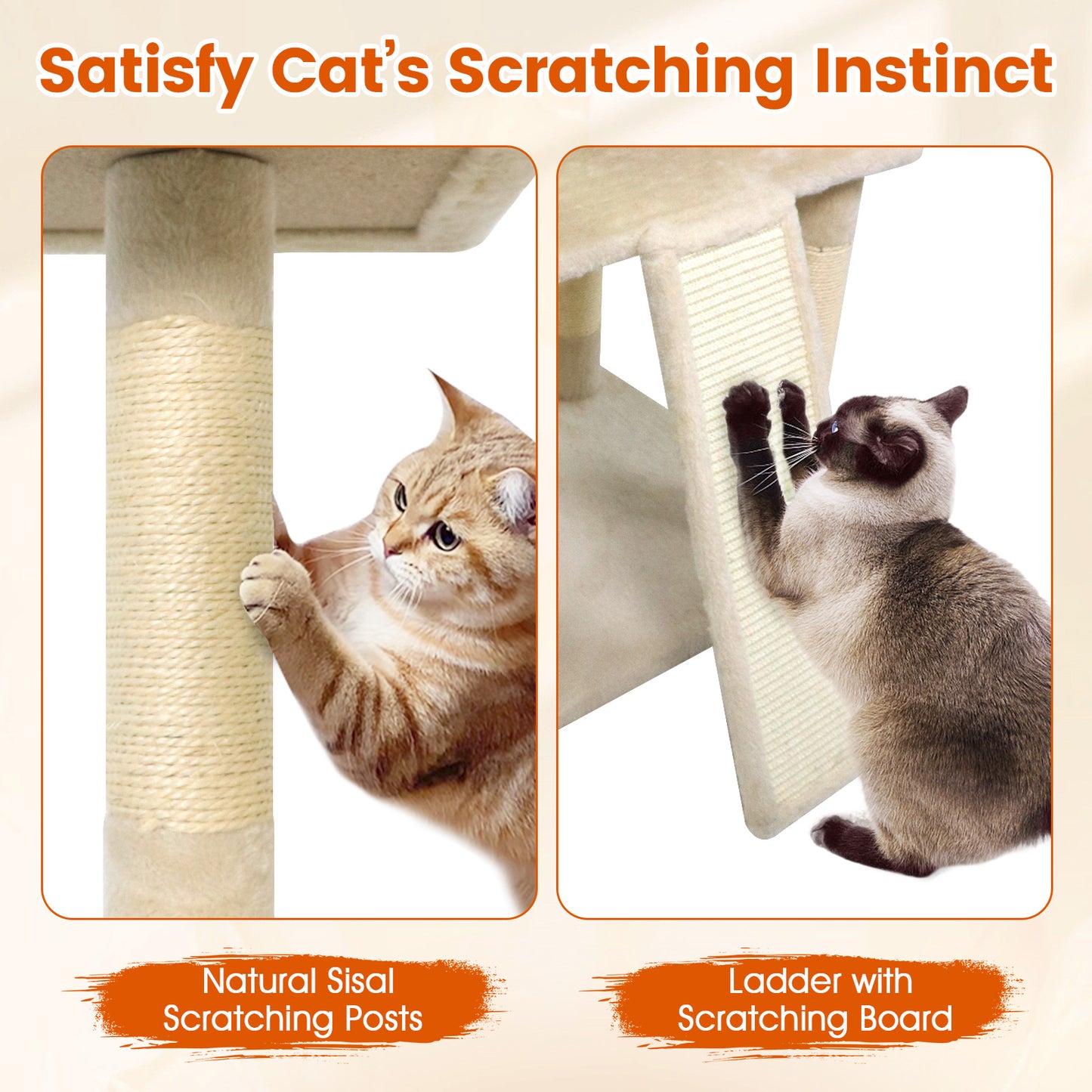 65 Inch Tall Multi-level Cat Tree with 3 Upholstered Perch and 2 Cat Condos, Beige Cat Trees Condos & Scratchers at Gallery Canada