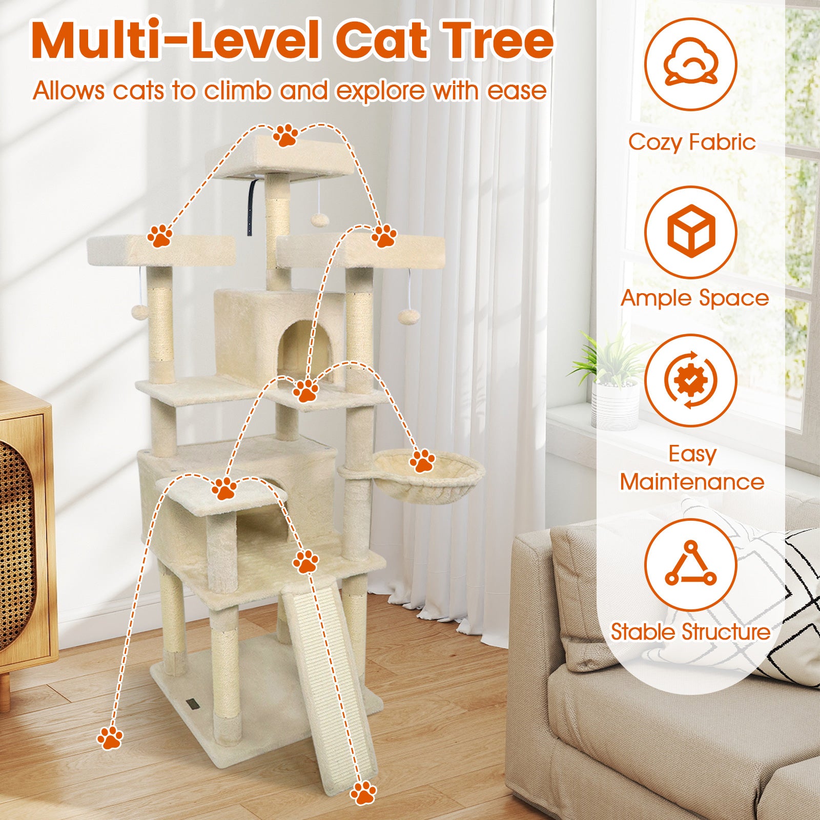 65 Inch Tall Multi-level Cat Tree with 3 Upholstered Perch and 2 Cat Condos, Beige Cat Trees Condos & Scratchers at Gallery Canada