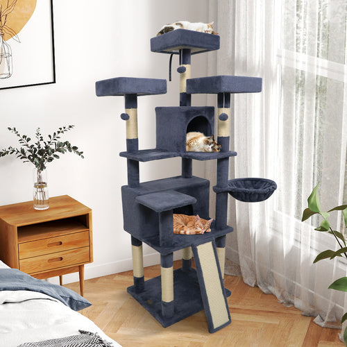 65 Inch Tall Multi-level Cat Tree with 3 Upholstered Perch and 2 Cat Condos, Dark Gray