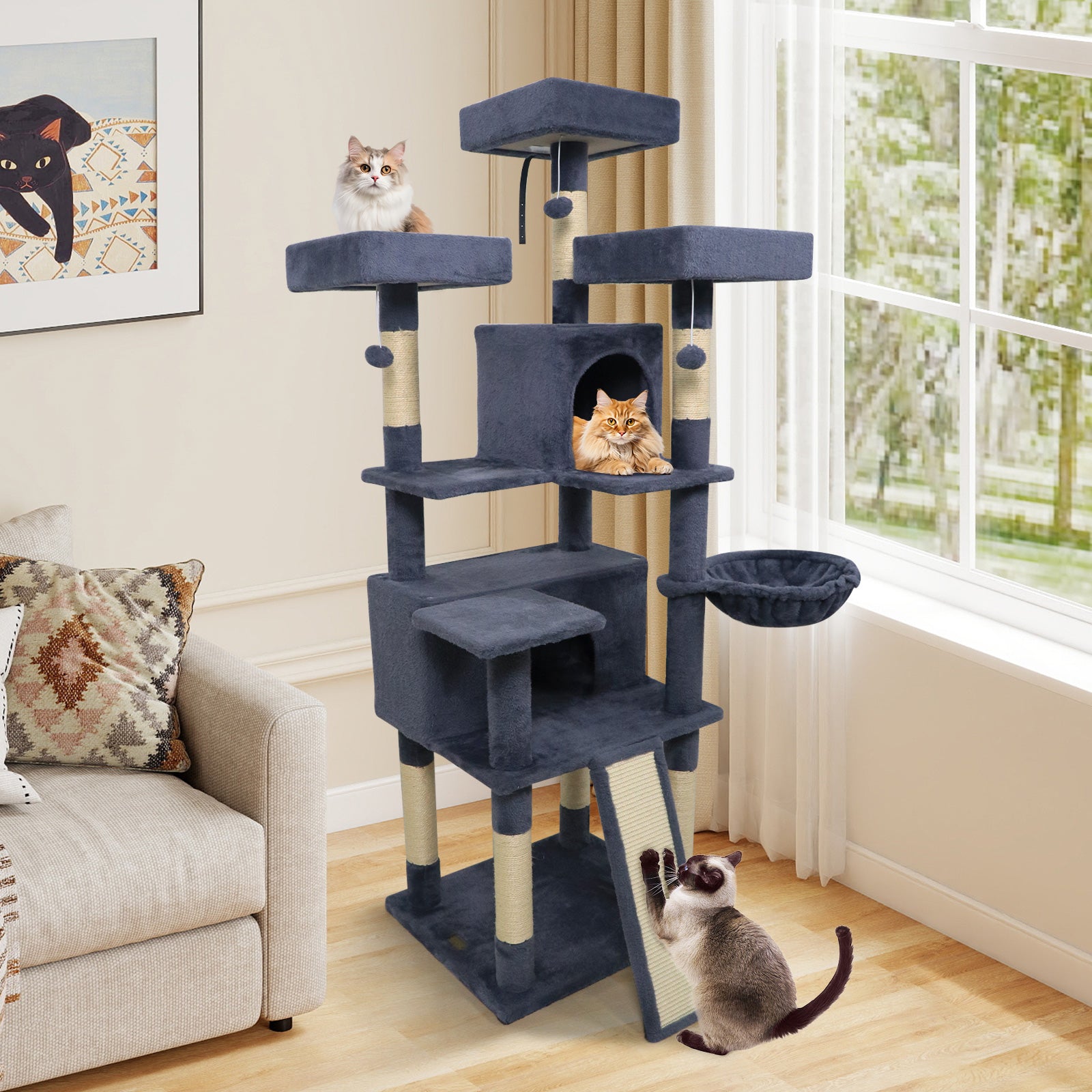65 Inch Tall Multi-level Cat Tree with 3 Upholstered Perch and 2 Cat Condos, Dark Gray Cat Trees Condos & Scratchers at Gallery Canada