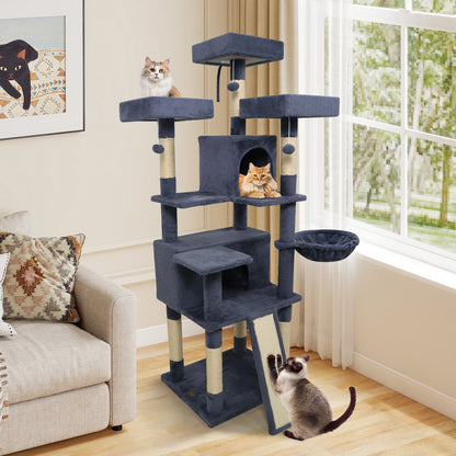 65 Inch Tall Multi-level Cat Tree with 3 Upholstered Perch and 2 Cat Condos, Dark Gray Cat Trees Condos & Scratchers at Gallery Canada