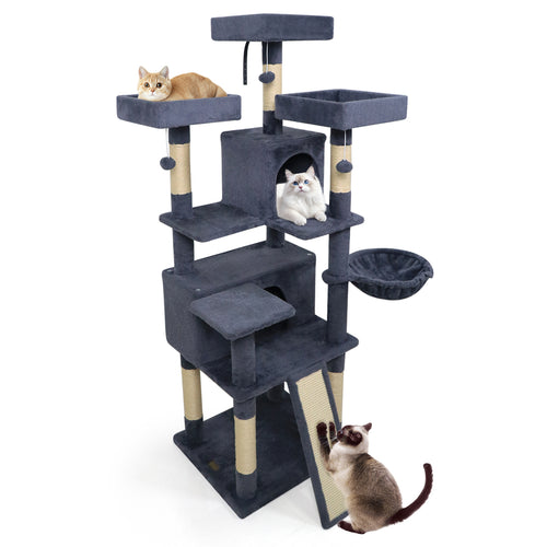 65 Inch Tall Multi-level Cat Tree with 3 Upholstered Perch and 2 Cat Condos, Dark Gray